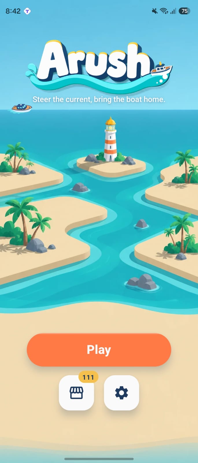 Arush main menu — lighthouse island at morning with the Play button
