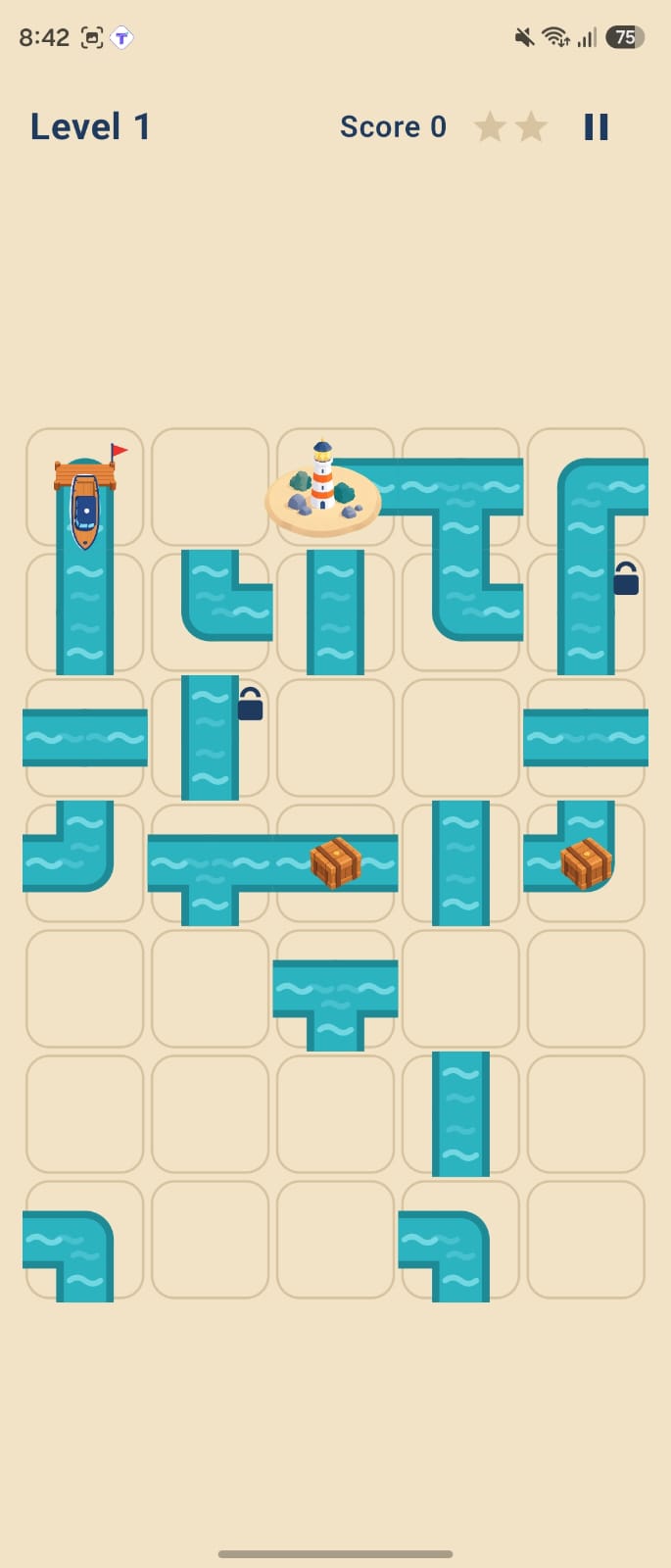 Arush level 1 — rotate canal tiles to steer the boat from the pier to the lighthouse