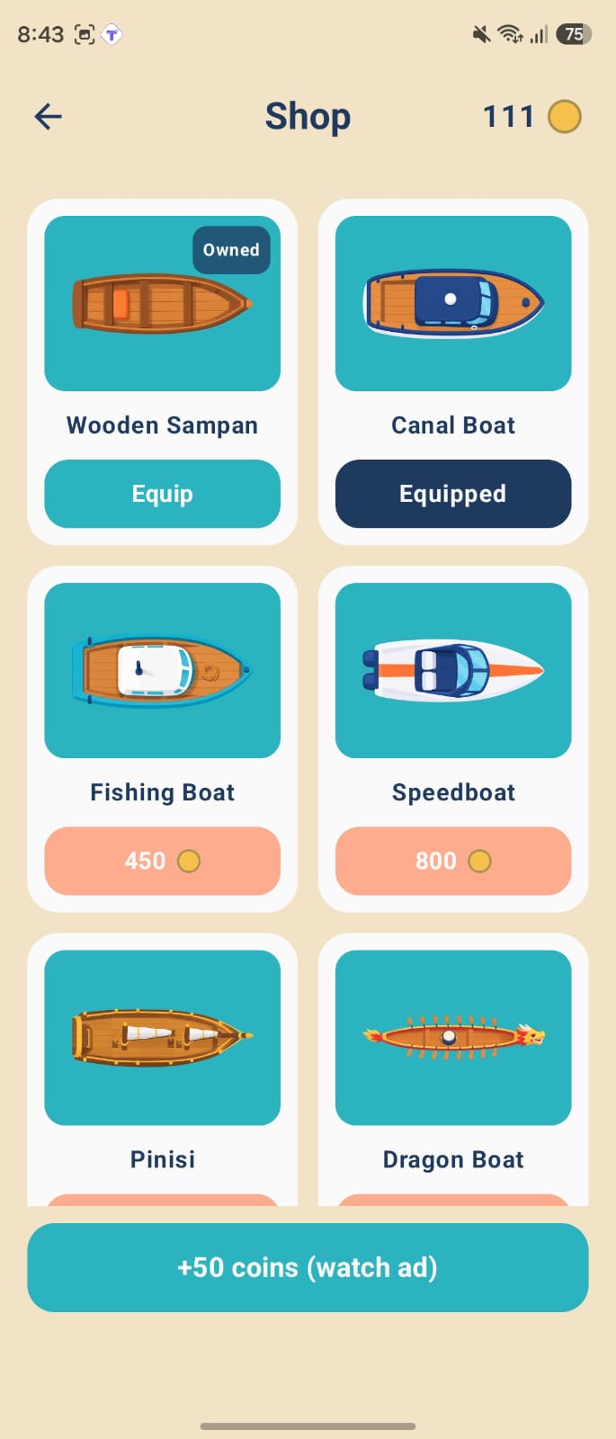 Arush boat shop — unlock skins like the canal boat, pinisi and dragon boat with coins