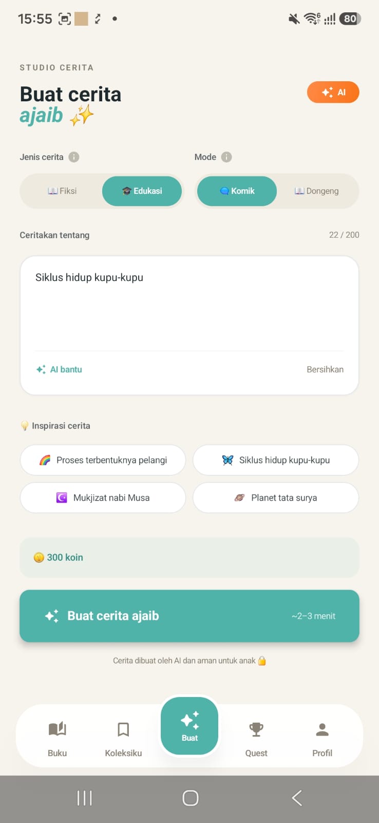 Ceritain story creation screen — pick a theme and let the AI write