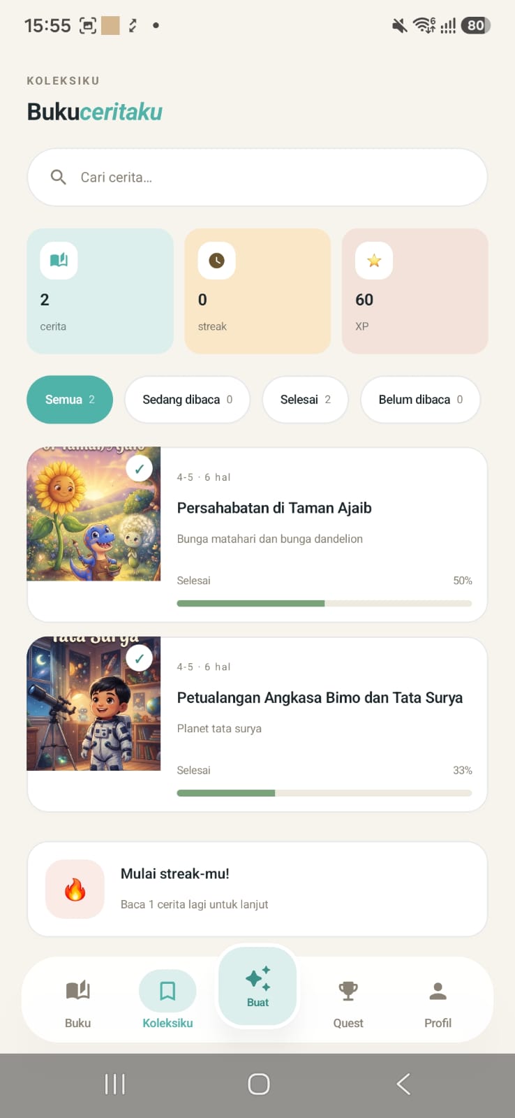 Ceritain library showing saved stories and reading progress