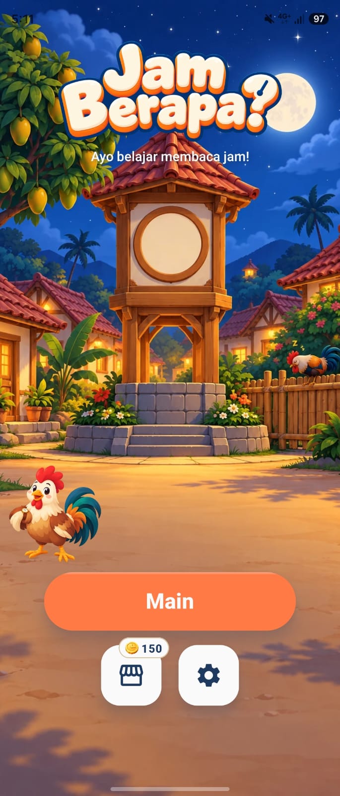 Jam Berapa? main menu at night — Jago the rooster by the kampung clock tower