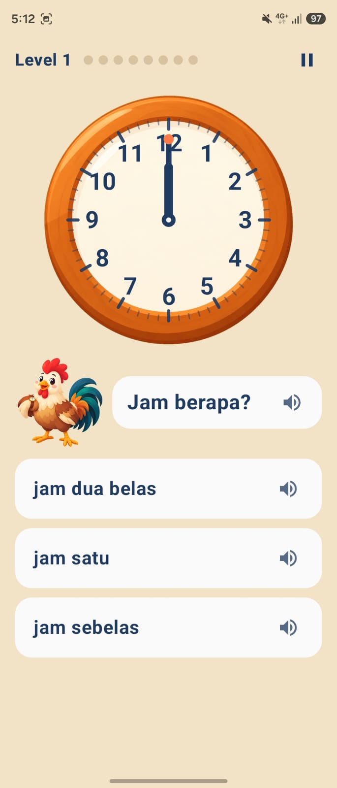 A level in progress — read the analog clock and pick the right sentence